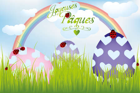 French Easter card with rainbow, eggs in green grass and ladybugs - available as vector illustrationのイラスト素材