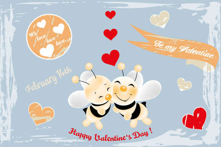 Cute bees in love - retro card with various scrapbook design elementsのイラスト素材