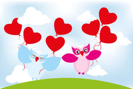 Valentine day lovely owls with balloonsのイラスト素材