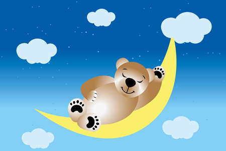 Sleeping teddy on moon in the night sky with stars and clouds.のイラスト素材