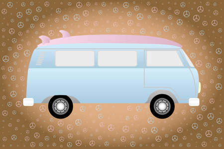 Illustration of a camper with surfboard on the car roof in retro style framed by peace-signsのイラスト素材