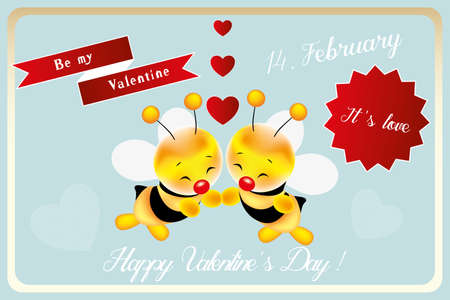 Be my valentine little bee - card for Valentines Day with hand drawn smiling bees, hearts and various love messagesのイラスト素材