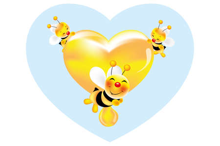Lovely smiling bees holding a heart of honey isolated on light blue heartのイラスト素材