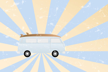 Holiday van with surfboard on background made by light blue and light yellow stripes and translucent grunge in front of the illustrationの写真素材