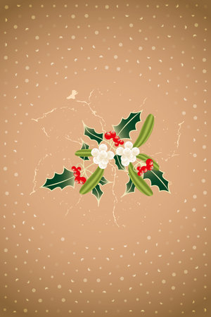 Neutral Christmas card made by holly and mistletoe framed by translucent snow - every element is separately usable and useful for designersのイラスト素材