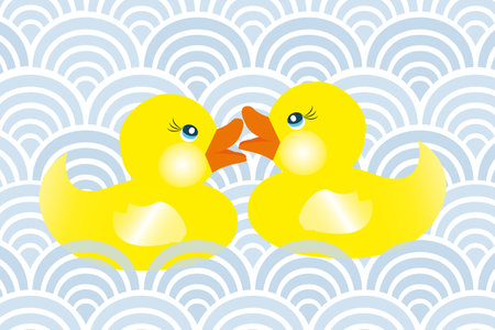 Two cute little rubber ducks in love swimming in blue waves - every details can be used separately for own designsのイラスト素材