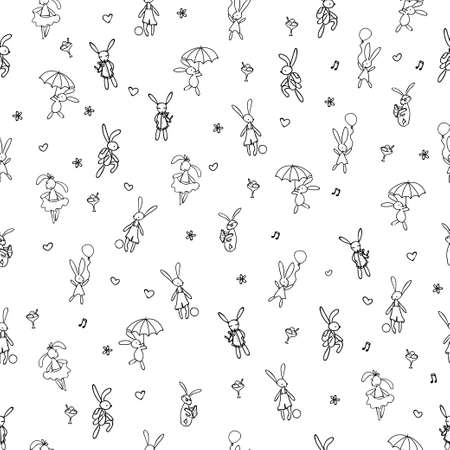 Happy Bunny Seamless outline Background Vector Patternのイラスト素材