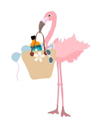 Beautiful pink fashionable flamingo goes shopping on white background vector isolatedのイラスト素材