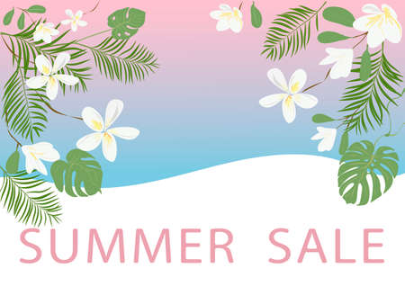 Summer sale background with tropical flowers and leaves. Vector illustration for wallpaper, flyers, invitation, posters, brochure, discount voucher, banner.のイラスト素材