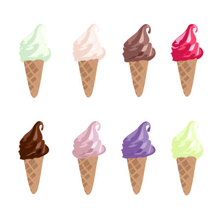 Soft serve Ice Cream Cones - strawberry, vanilla, pistachio and chocolate ice creams or frozen custards in cone Isolated on white backgroundのイラスト素材