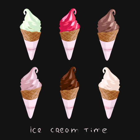 Soft serve Ice Cream Cones - strawberry, vanilla, pistachio and chocolate ice creams or frozen custards in cone isolated on black background.のイラスト素材