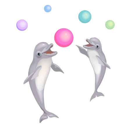 Happy dolphins playing colorful vector isolated illustration on white backgroundのイラスト素材