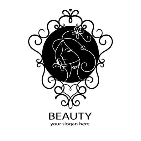Beauty salon  . Floral vintage frame of young beautiful woman. Beautiful woman head abstract  template cosmetics spa hair  concept iconのイラスト素材