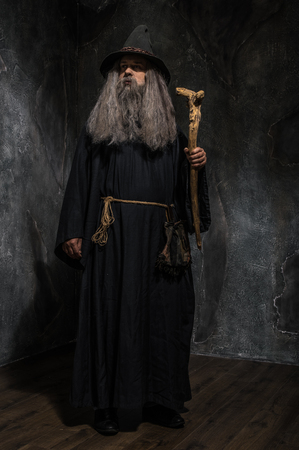 Old sorcerer with a wooden staffの写真素材
