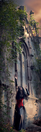 Gothic woman in black dress and veilの写真素材