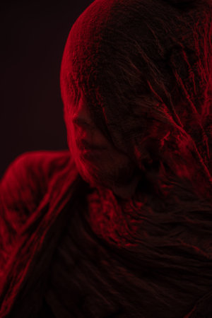 Young model with veil oh head in studio