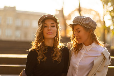 Two girls walking in city park and smilling. Autumn picture