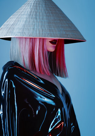Blonde girl in black latex clothes and Asian conical hat posing in studioの写真素材