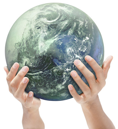 A blue and green globe or mother earth carried and offered by hands. Green concept of ecology and...