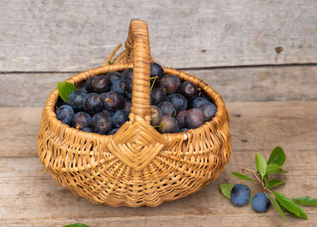 basket with plums on a wood backgroundの写真素材