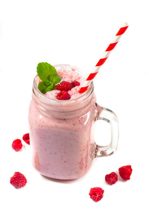 Yogurt smoothie with raspberries, fruit dessert, healthy dieting concept