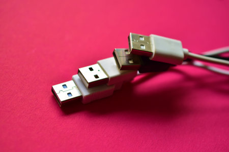 Black and white USB connectors on top of each other on a red background