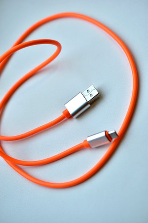 Orange usb cable with silver contacts on white background