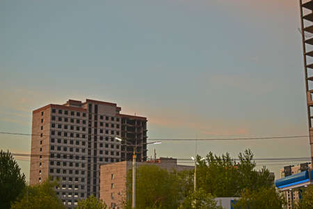 Evening landscape in the city of Chelyabinsk houses and roadsのeditorial素材