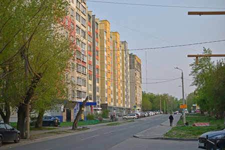 Evening landscape in the city of Chelyabinsk houses and roadsのeditorial素材