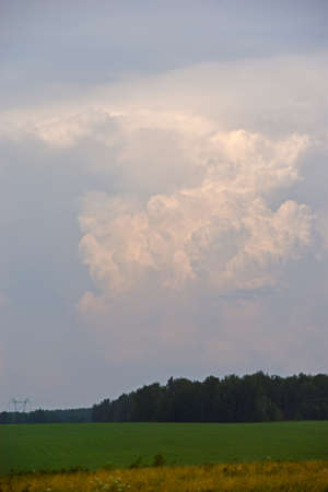 Thunderstorm landscape and cumulus clouds in the fieldの写真素材