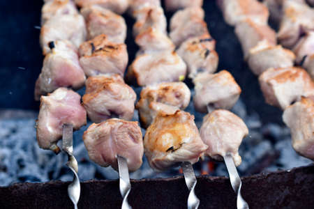 Delicious barbecue of hot pork on a spitの写真素材