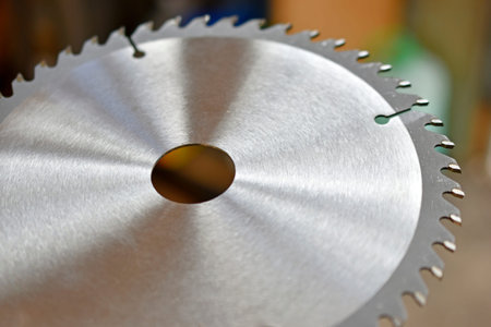 Iron circular saw disk close-up in the garage