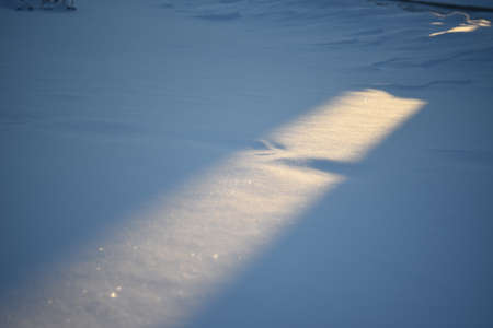 Snowy landscapes and snow close-up in sunbeams. Grass and objects in the snow.の写真素材