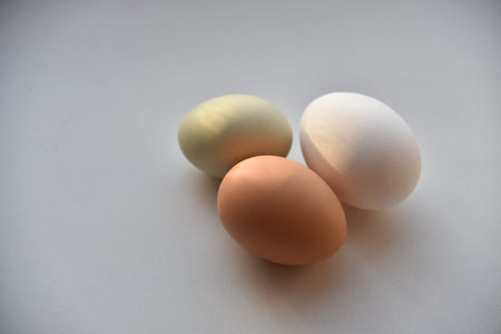 Three chicken eggs on a white background