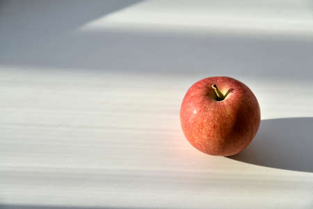 A red and yellow apple in the shadows on the windowsillの写真素材