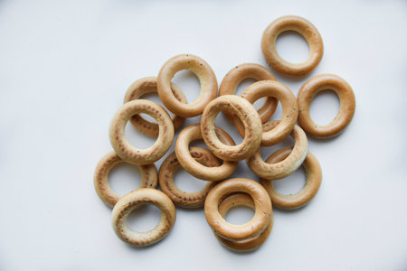 Bread and butter drying on a white background. healthy eating. Health food.の写真素材