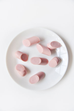 Delicious sausages in a group on a white plate. Delicious breakfast of meat sausages.の写真素材