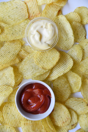 Yellow background of fried potatoes fast food. Fluted potato chips with sauce and mayonnaise.