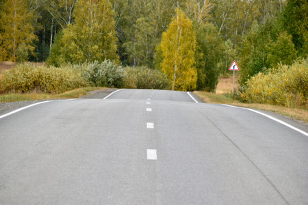 A high-speed asphalt road in autumn and a beautiful forest with a field. Highway in the autumn...