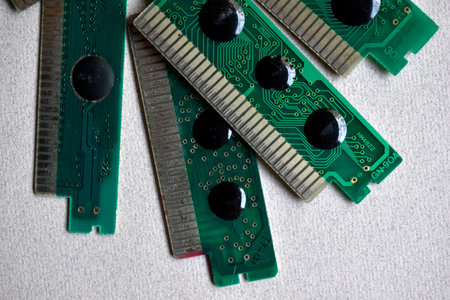 Old electronic boards for retro games. Cartridges for retro game consoles. retro design. concept art. old chips.の写真素材
