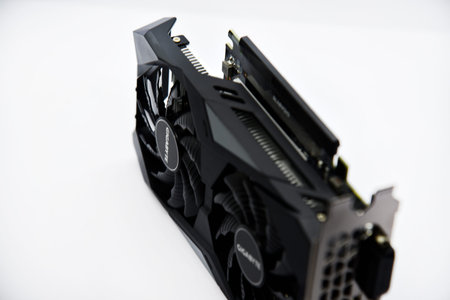 A video game card with two fans. A tool for mining. Accessories for a personal computer. Black...