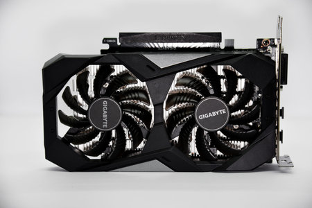 A video game card with two fans. A tool for mining. Accessories for a personal computer. Black...