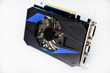 Blue graphics card with one fan on a white background. accessories for computers. An electronic...