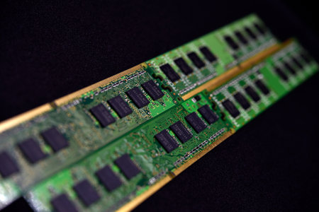 Blue RAM bars on a black background. computer memory chips. computer chips.の写真素材