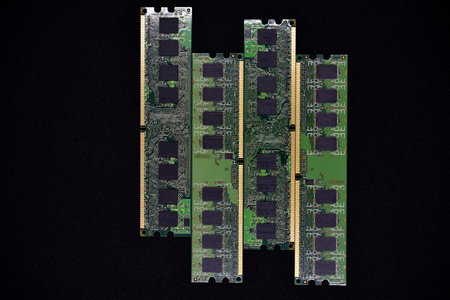 Blue RAM bars on a black background. computer memory chips. computer chips.