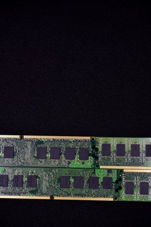 Blue RAM bars on a black background. computer memory chips. computer chips.