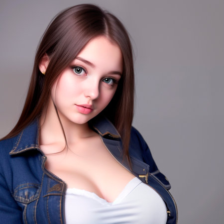 Portrait of a beautiful young woman in jeans jacket. studio shot.の素材