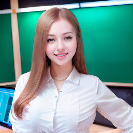 Portrait of a beautiful asian teacher with blackboard in classroomの素材