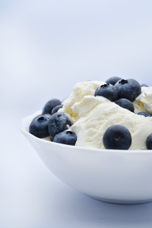 Ice cream with berries. Ice cream in a ceramic bowl. Ice cream and blueberries.の写真素材
