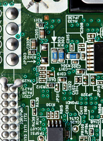 Blue board with radio elements. A chip with a processor and transistors. diodes and resistors....
